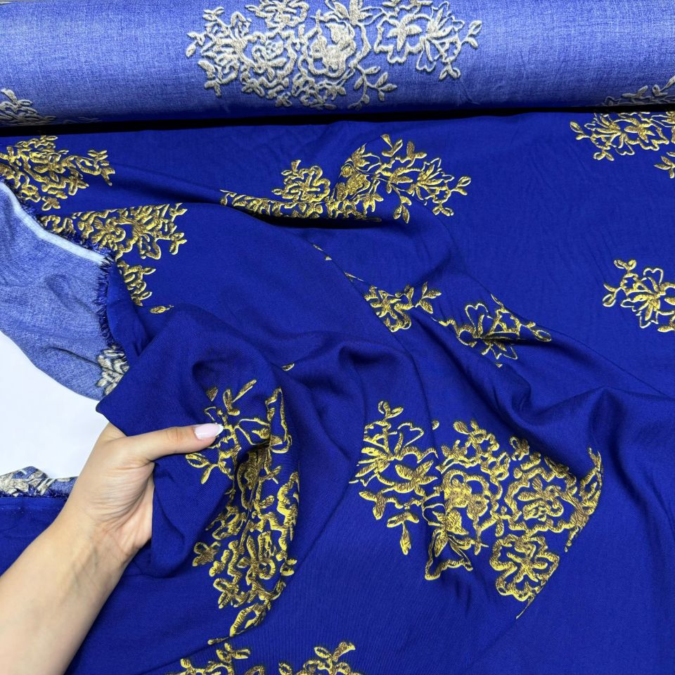 İthal Viskon Kumaş Damask Desen Motifli %100 Pamuk Çift En Lacivert Renk