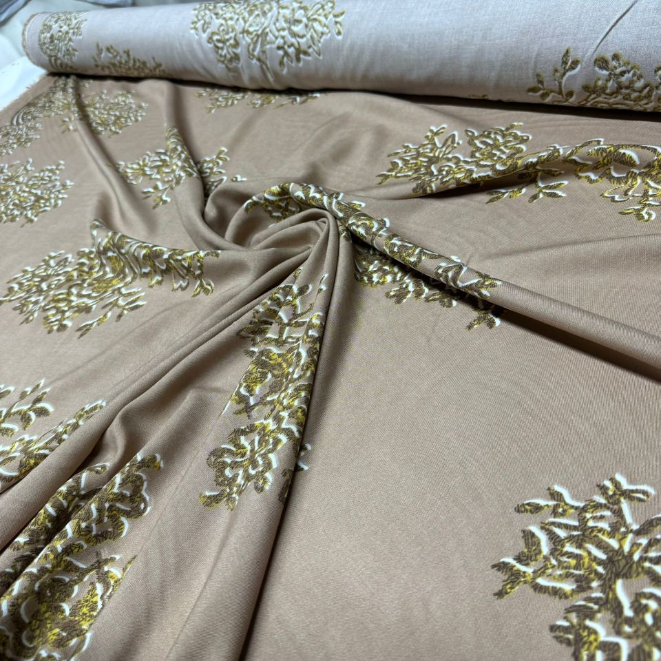 İthal Viskon Kumaş Damask Desen Motifli %100 Pamuk Çift En Bej Renk