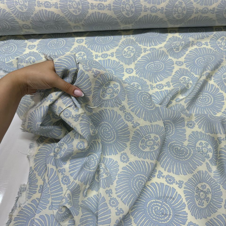 Ayrobin Kumaş Damask Desenli Yuvarlak Motifli En 150 cm Etnik Desen Mavi Renk