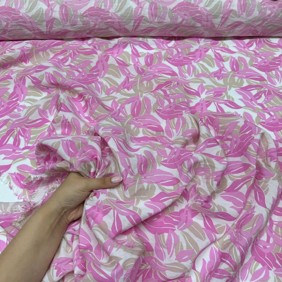 Ayrobin Kumaş Modal Çift En Yaprak Desenli Emprime Pembe Renk