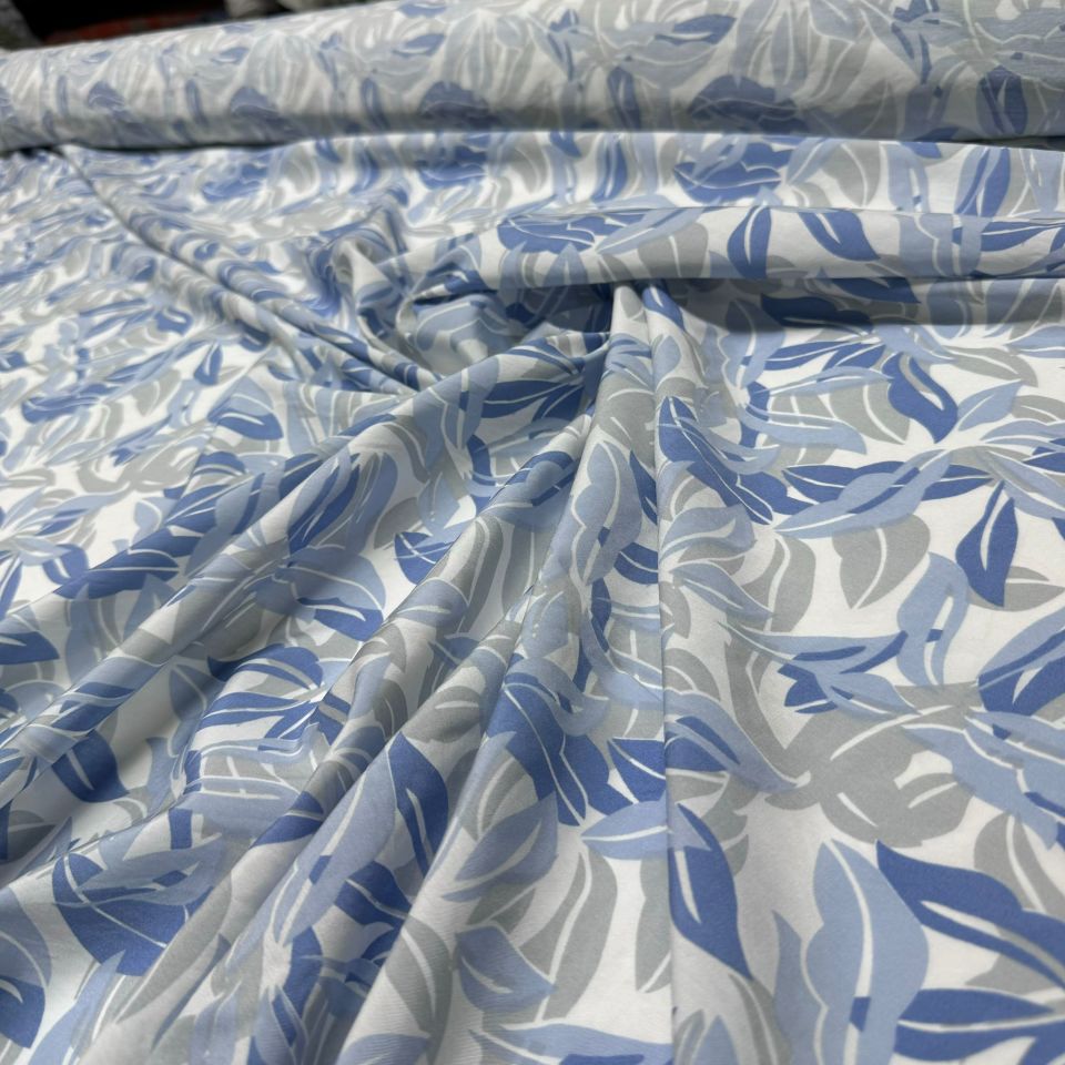 Ayrobin Kumaş Modal Çift En Yaprak Desenli Emprime Mavi Renk