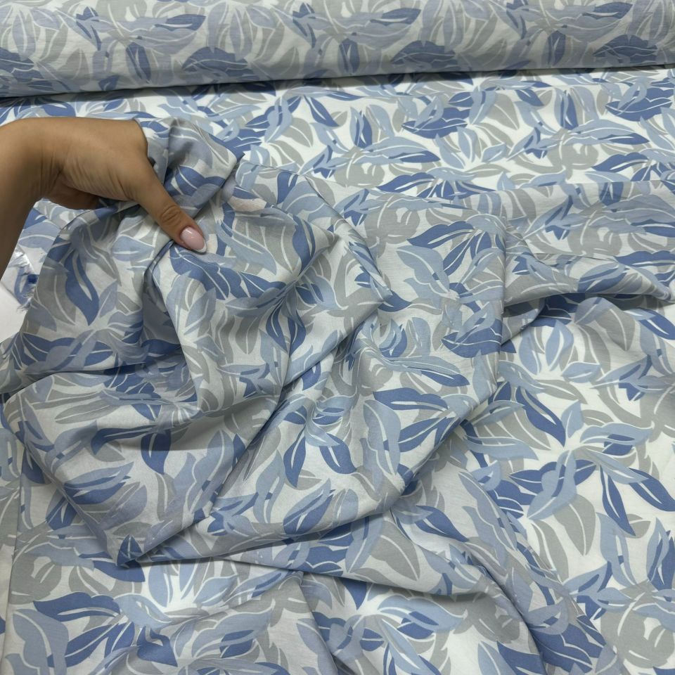 Ayrobin Kumaş Modal Çift En Yaprak Desenli Emprime Mavi Renk