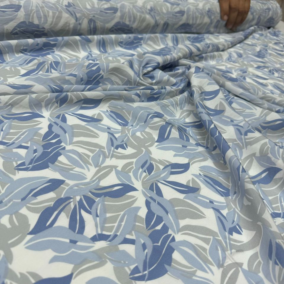 Ayrobin Kumaş Modal Çift En Yaprak Desenli Emprime Mavi Renk