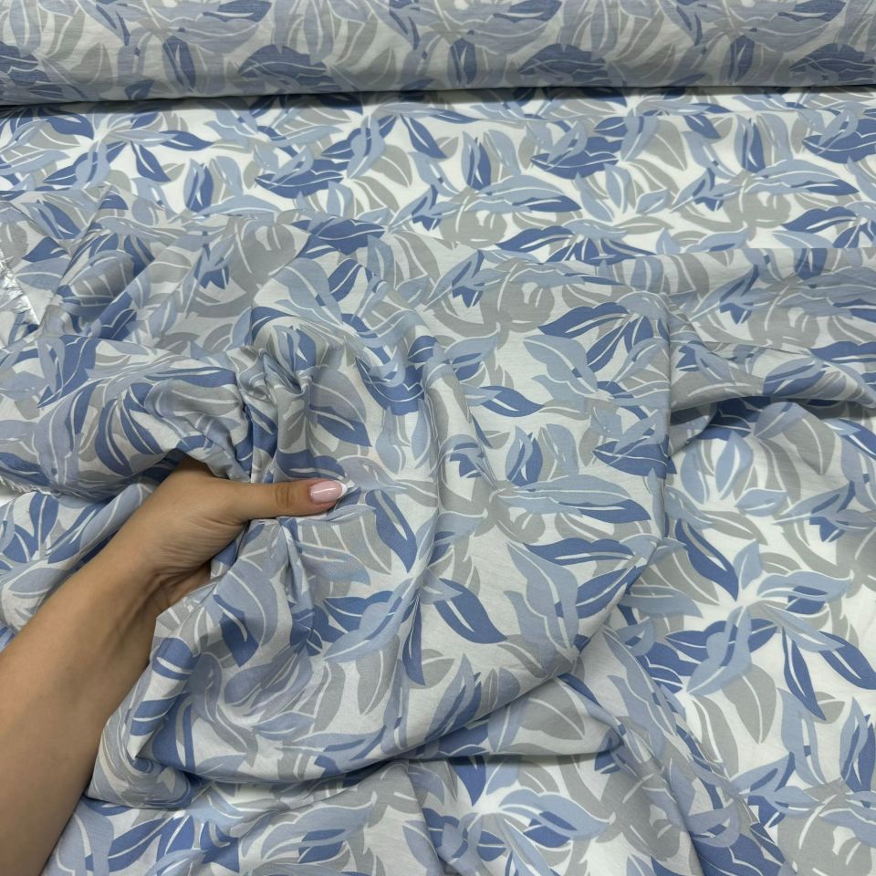 Ayrobin Kumaş Modal Çift En Yaprak Desenli Emprime Mavi Renk