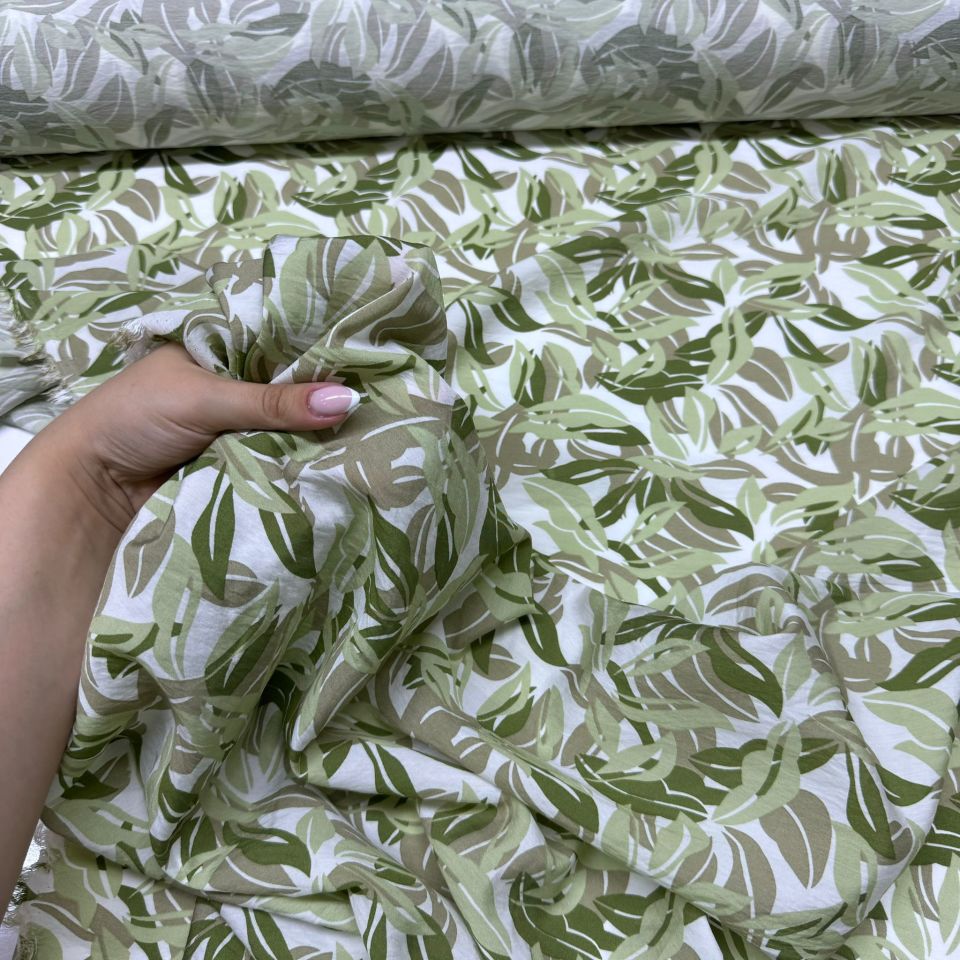 Ayrobin Kumaş Modal Çift En Yaprak Desenli Emprime Yeşil Renk