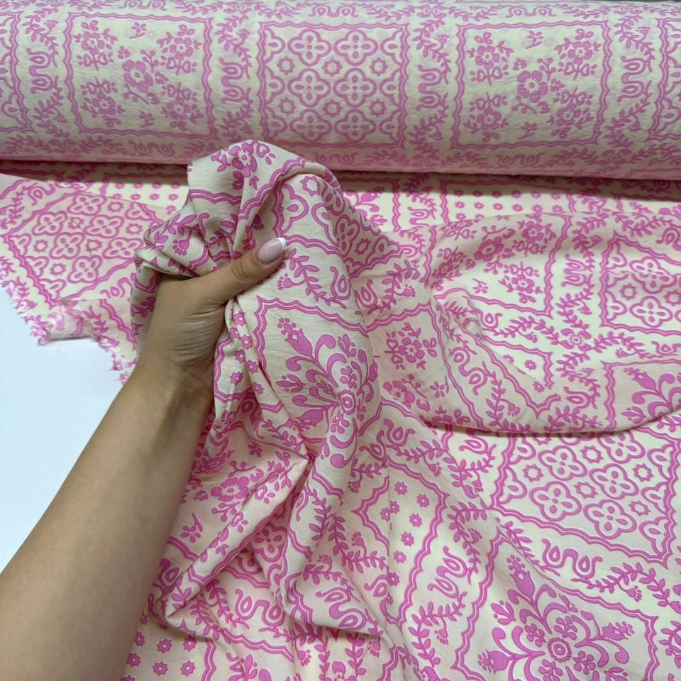 Ayrobin Kumaş Modal Çift En Etnik Çok Desenli Çiçek Motifli Pembe Renk