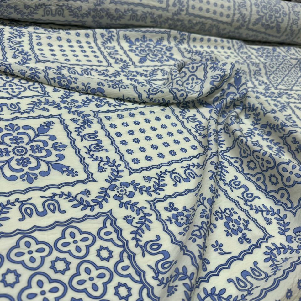 Ayrobin Kumaş Modal Çift En Etnik Çok Desenli Çiçek Motifli Mavi Renk