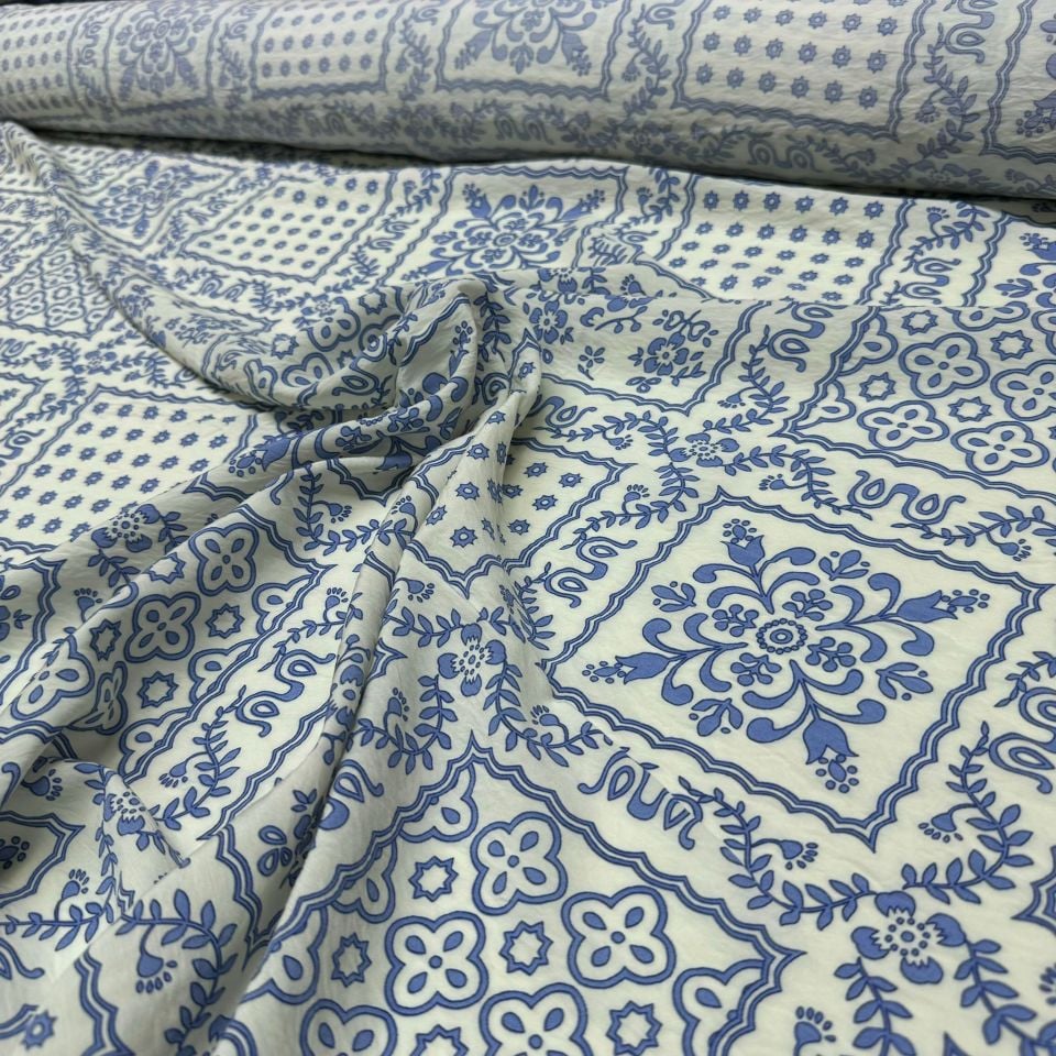 Ayrobin Kumaş Modal Çift En Etnik Çok Desenli Çiçek Motifli Mavi Renk