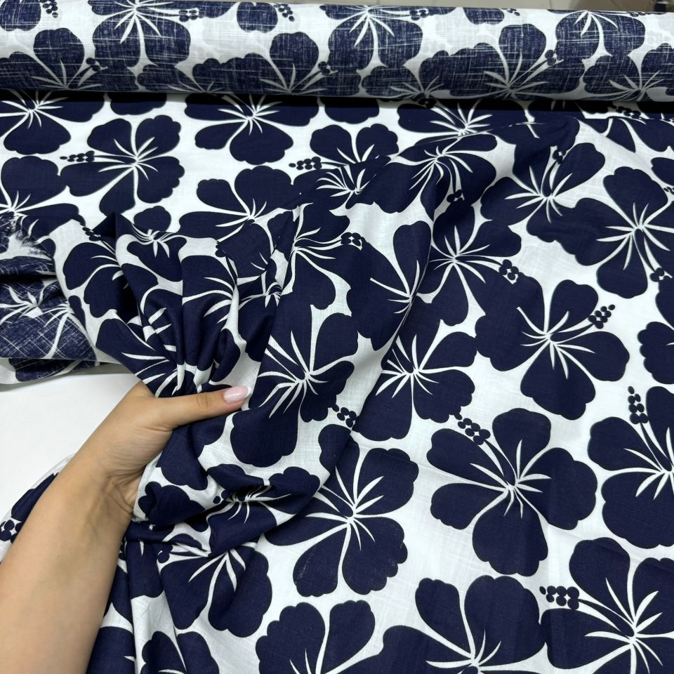 Flam Keten Kumaş %100 Pamuk Büyük Çiçek Desenli Lacivert Renk