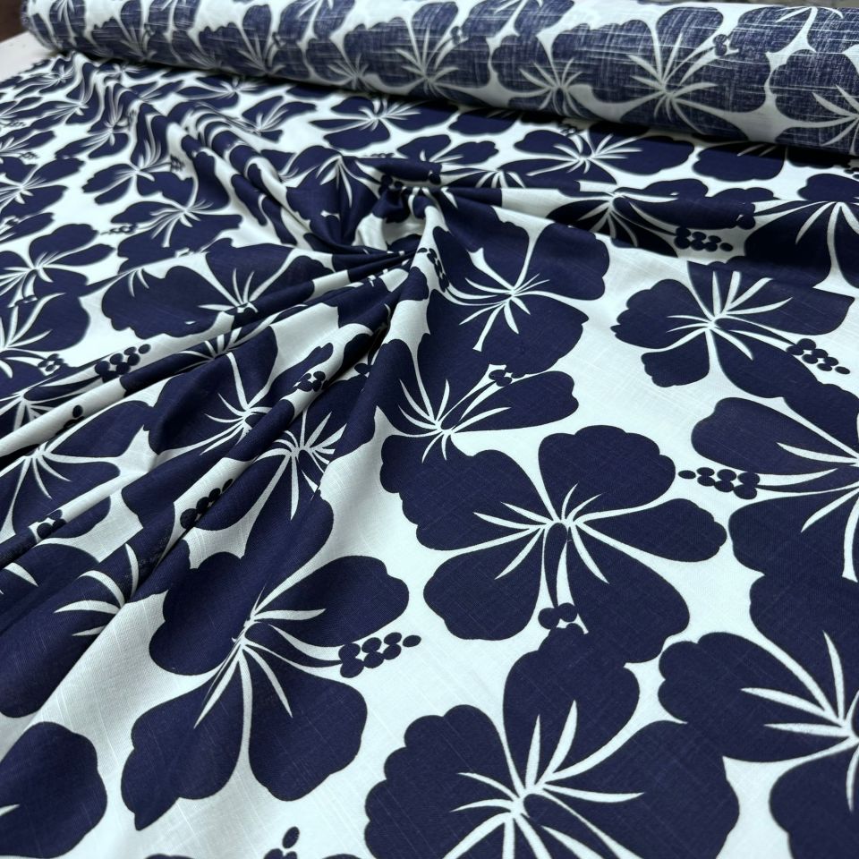 Flam Keten Kumaş %100 Pamuk Büyük Çiçek Desenli Lacivert Renk
