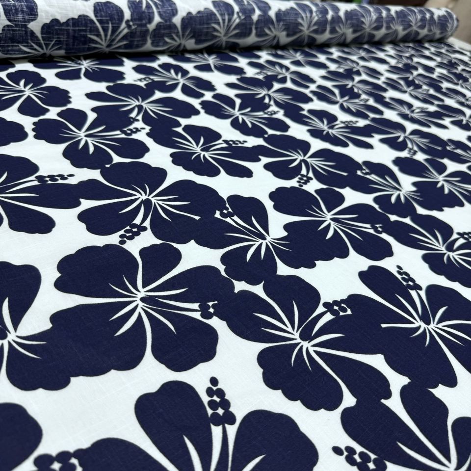 Flam Keten Kumaş %100 Pamuk Büyük Çiçek Desenli Lacivert Renk
