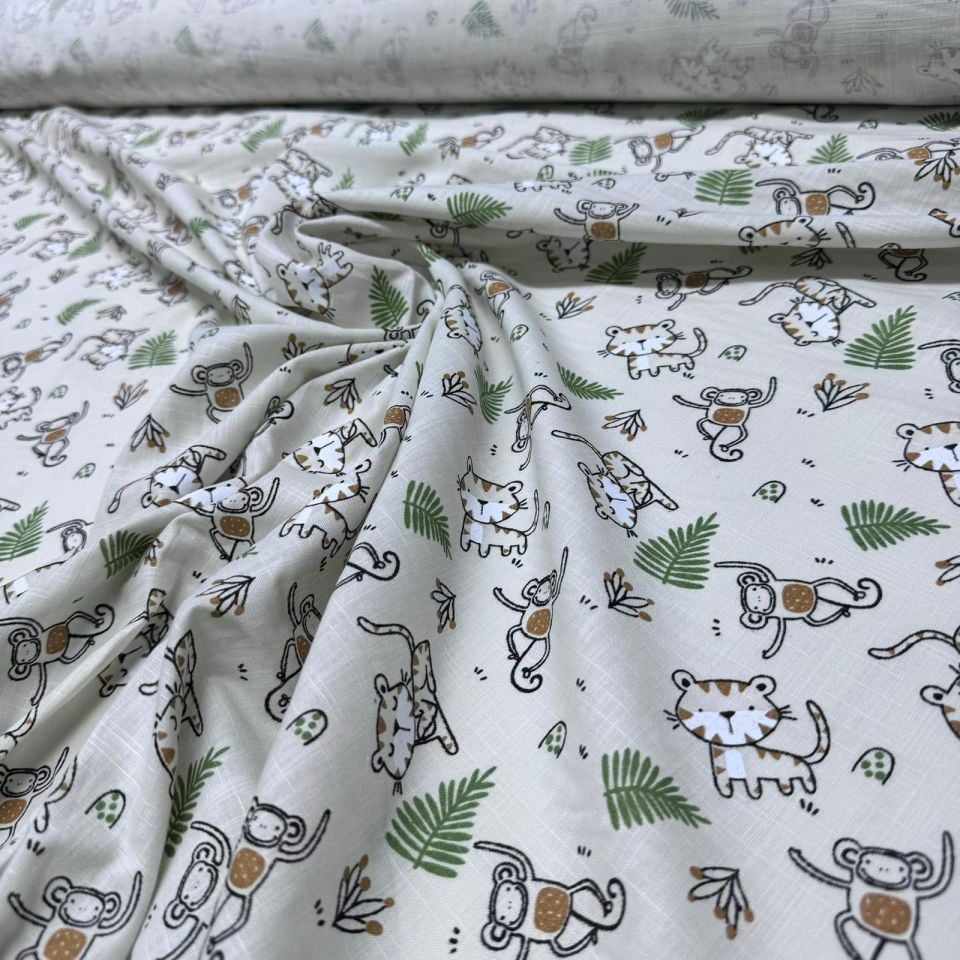 Flam Keten Kumaş %100 Pamuk Hayvan Temalı Kedi Maymun Desenli