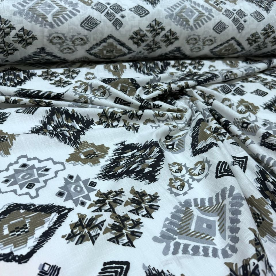 Flam Keten Kumaş %100 Pamuk Geometrik Desenli Çift En