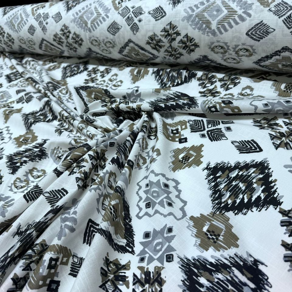 Flam Keten Kumaş %100 Pamuk Geometrik Desenli Çift En