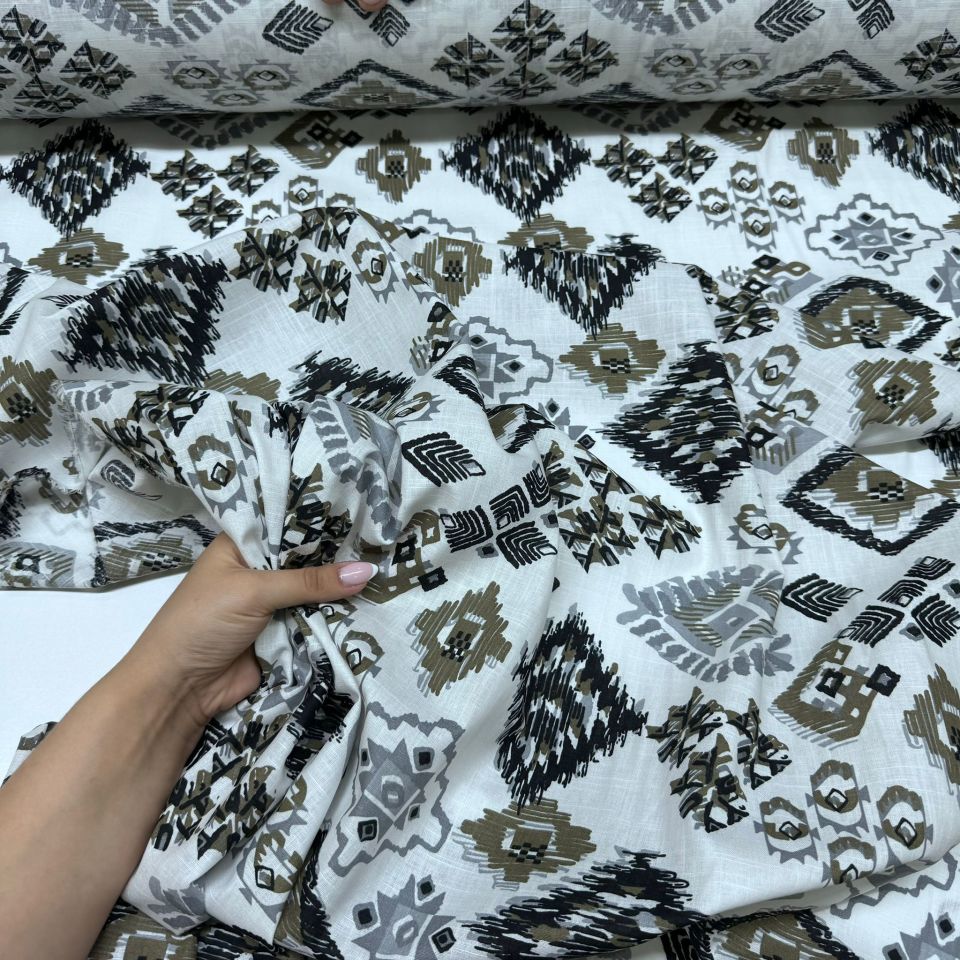 Flam Keten Kumaş %100 Pamuk Geometrik Desenli Çift En