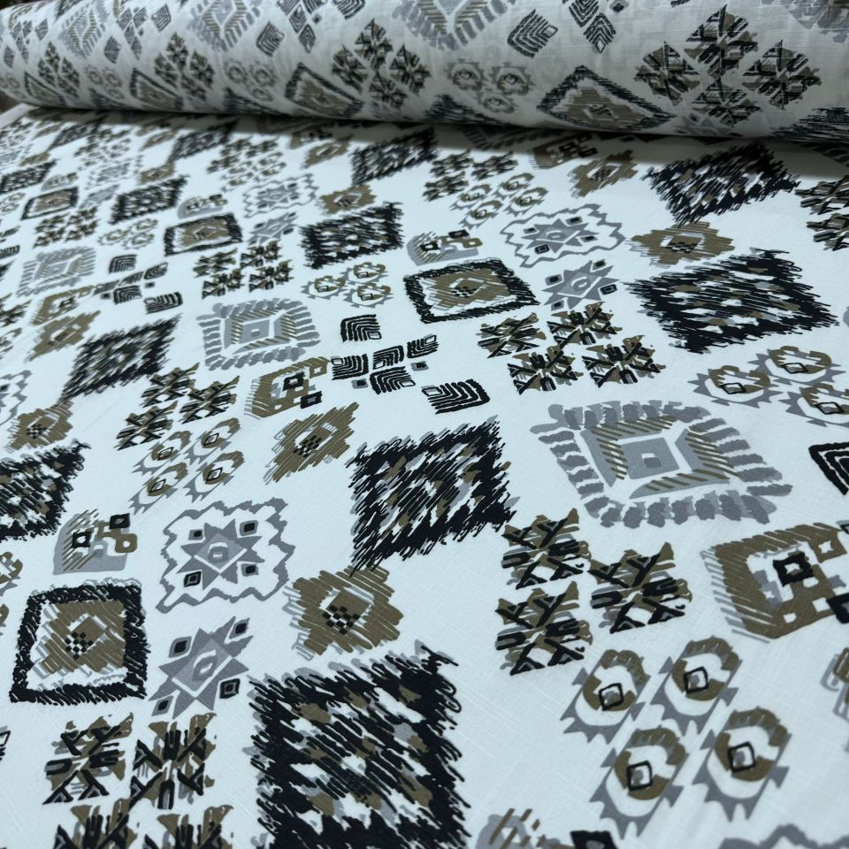 Flam Keten Kumaş %100 Pamuk Geometrik Desenli Çift En