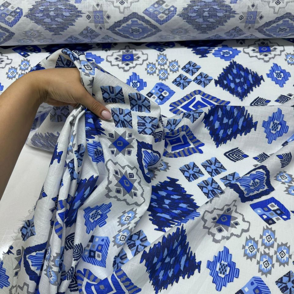 Flam Keten Kumaş %100 Pamuk Çift En Geometrik Desenli Lacivert