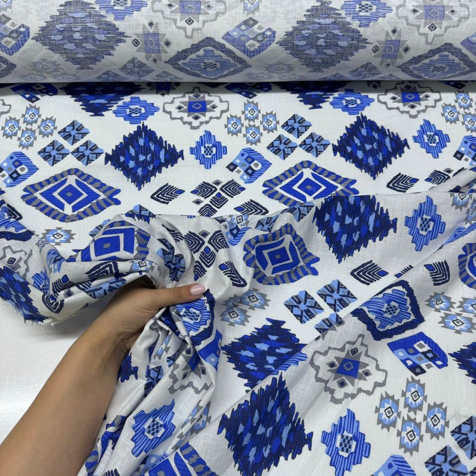 Flam Keten Kumaş %100 Pamuk Çift En Geometrik Desenli Lacivert