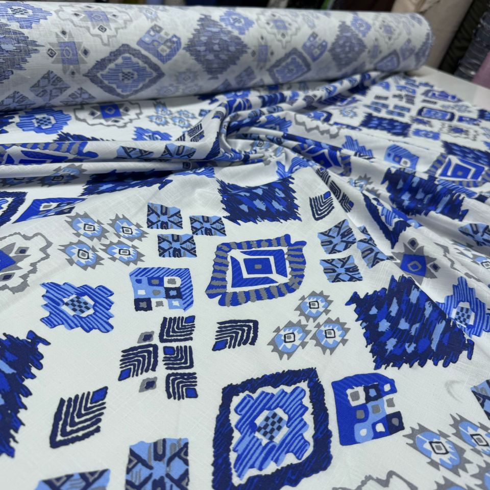 Flam Keten Kumaş %100 Pamuk Çift En Geometrik Desenli Lacivert