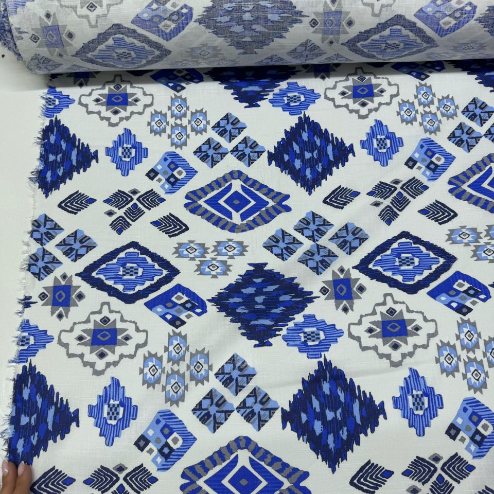 Flam Keten Kumaş %100 Pamuk Çift En Geometrik Desenli Lacivert