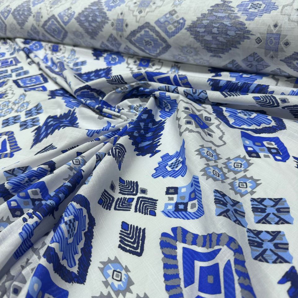 Flam Keten Kumaş %100 Pamuk Çift En Geometrik Desenli Lacivert