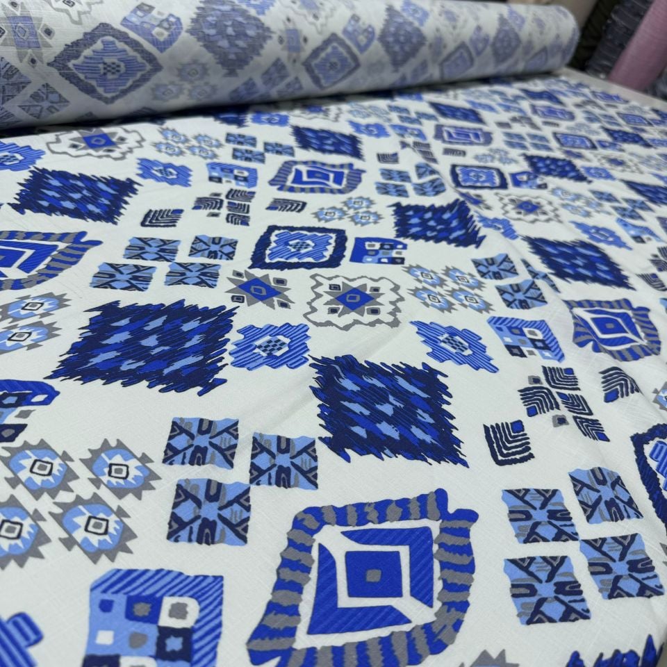 Flam Keten Kumaş %100 Pamuk Çift En Geometrik Desenli Lacivert