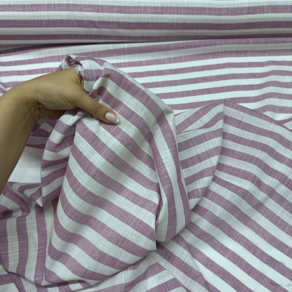 Flam Keten Kumaş %100 Pamuk Çizgili Çift En Pembe Renk