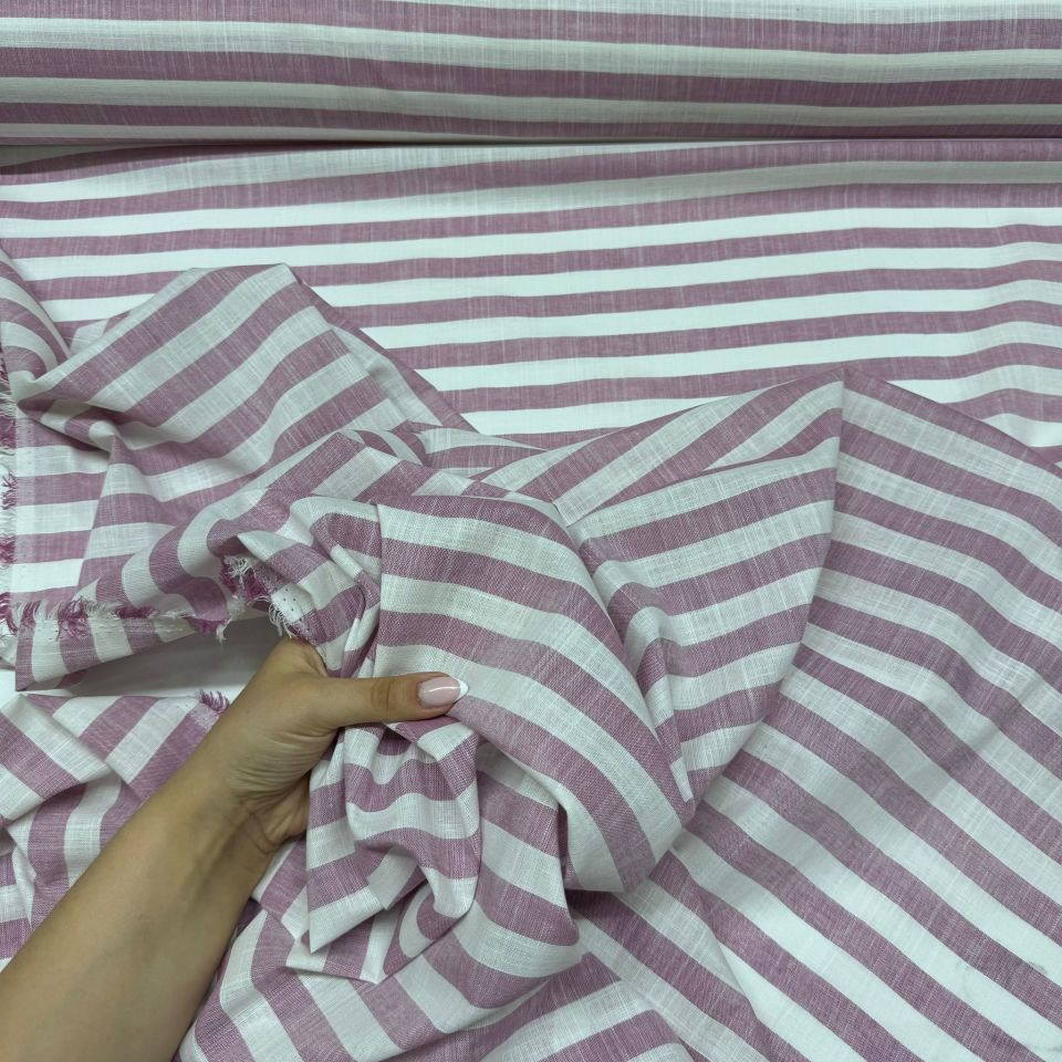 Flam Keten Kumaş %100 Pamuk Çizgili Çift En Pembe Renk