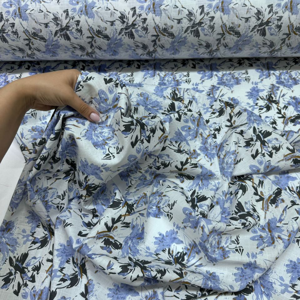 Flam Keten Kumaş %100 Pamuk Mavi Çiçek Desenli Çift En