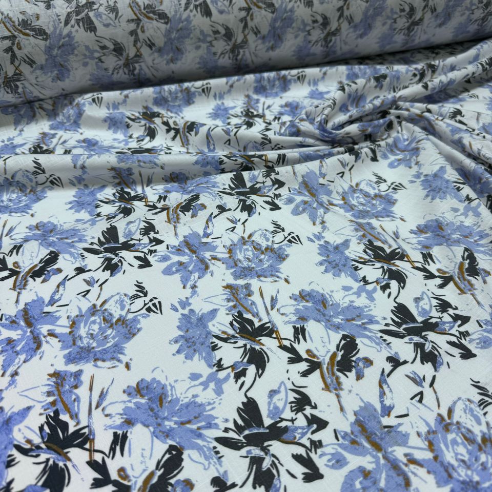 Flam Keten Kumaş %100 Pamuk Mavi Çiçek Desenli Çift En