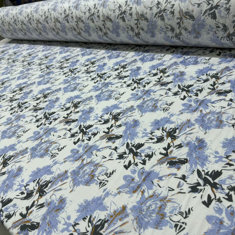 Flam Keten Kumaş %100 Pamuk Mavi Çiçek Desenli Çift En