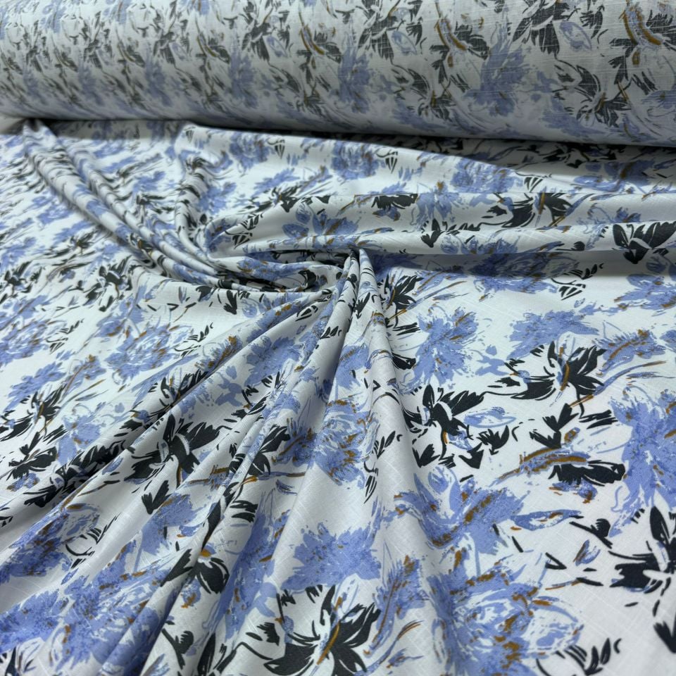 Flam Keten Kumaş %100 Pamuk Mavi Çiçek Desenli Çift En
