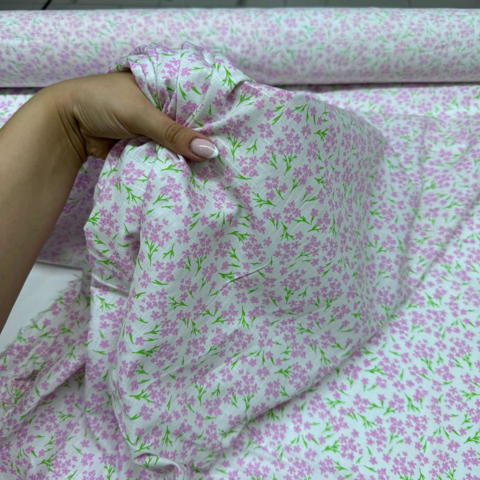 Flam Keten Kumaş %100 Pamuk Küçük Çiçek Desenli Pembe Emprime