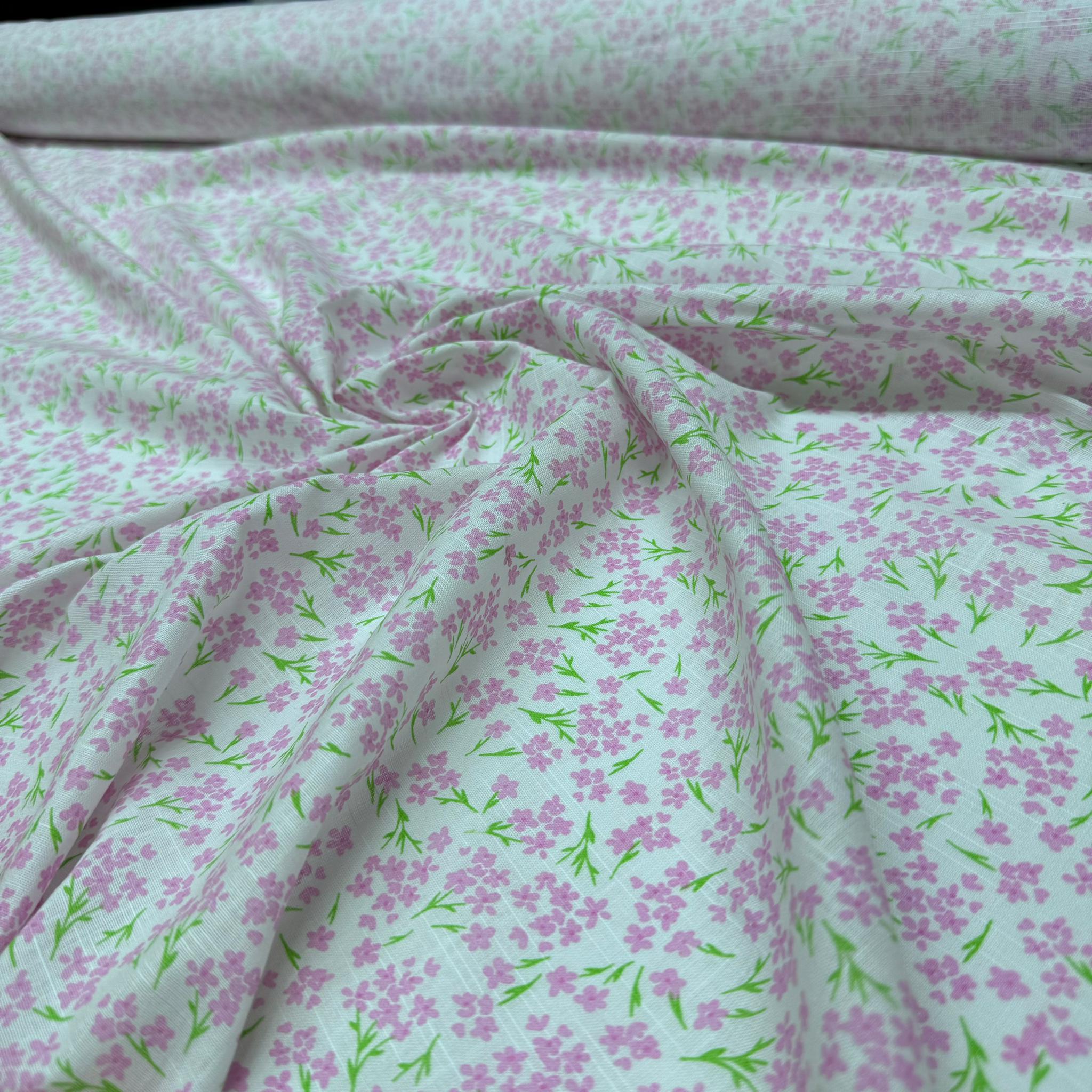 Flam Keten Kumaş %100 Pamuk Küçük Çiçek Desenli Pembe Emprime