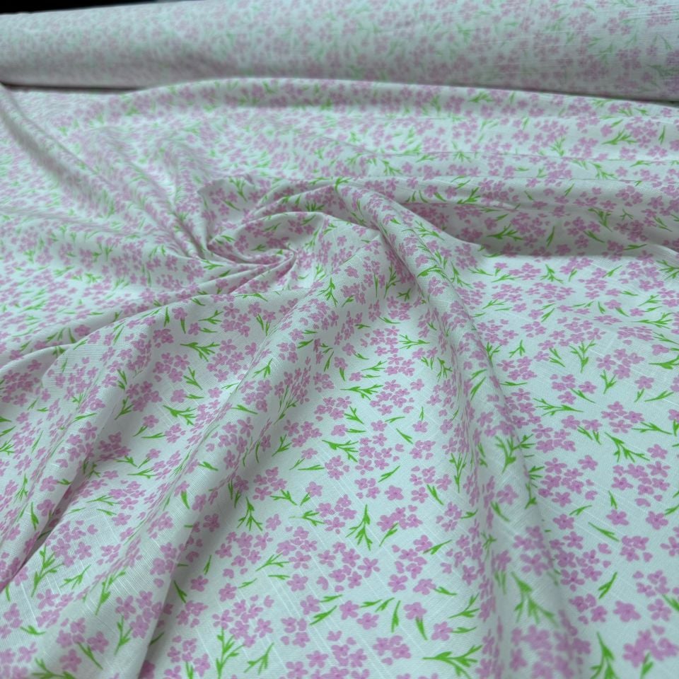 Flam Keten Kumaş %100 Pamuk Küçük Çiçek Desenli Pembe Emprime