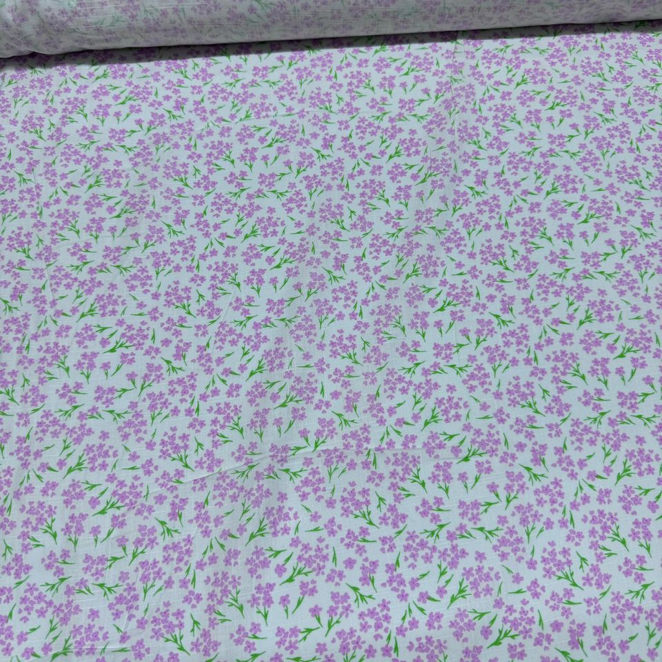 Flam Keten Kumaş %100 Pamuk Küçük Çiçek Desenli Pembe Emprime