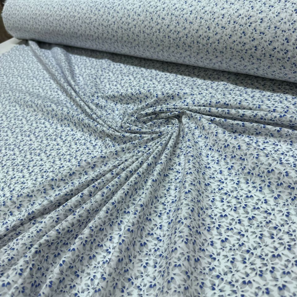 Flam Keten Kumaş %100 Pamuk Yaprak Desenli Emprime Mavi Renk