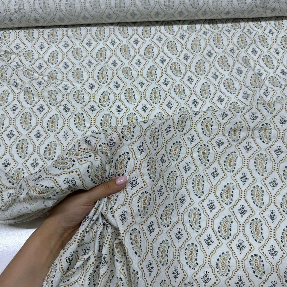 Flam Keten Kumaş %100 Pamuk Geometrik Etnik Desenli Hardal Renk