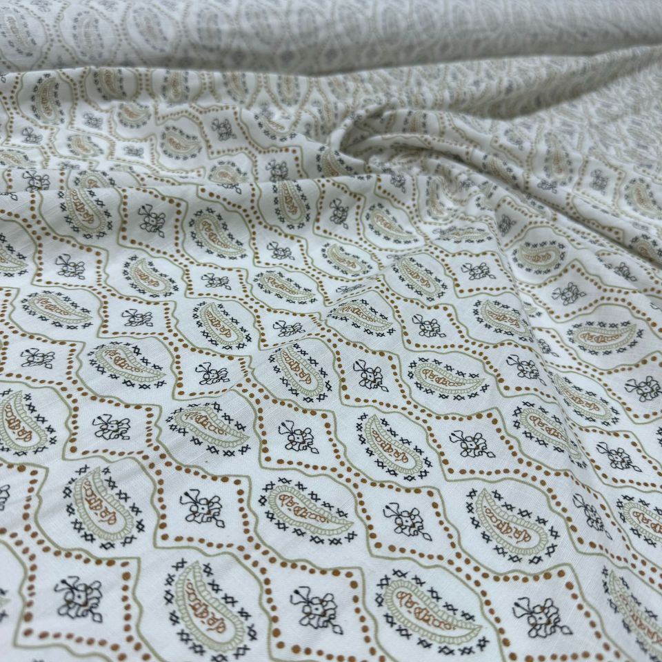 Flam Keten Kumaş %100 Pamuk Geometrik Etnik Desenli Hardal Renk