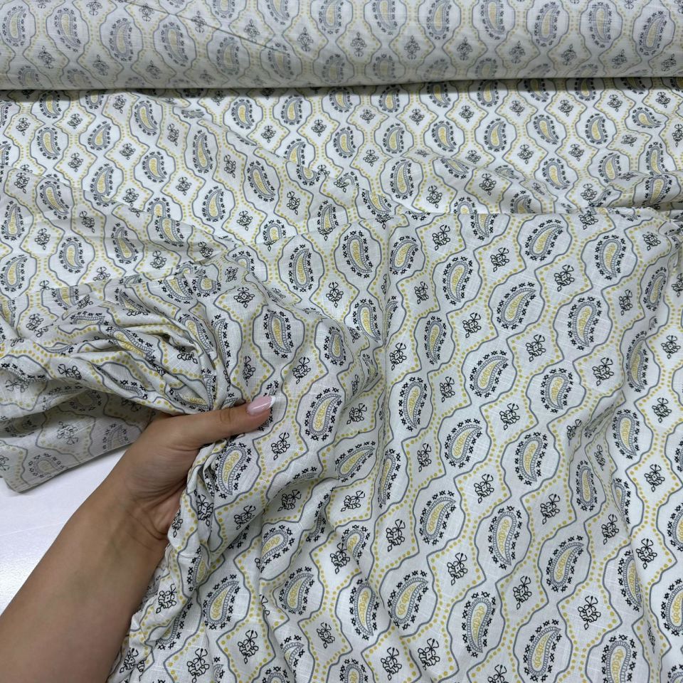 Flam Keten Kumaş %100 Pamuk Geometrik Etnik Desenli Sarı Renk