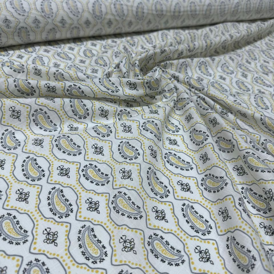 Flam Keten Kumaş %100 Pamuk Geometrik Etnik Desenli Sarı Renk