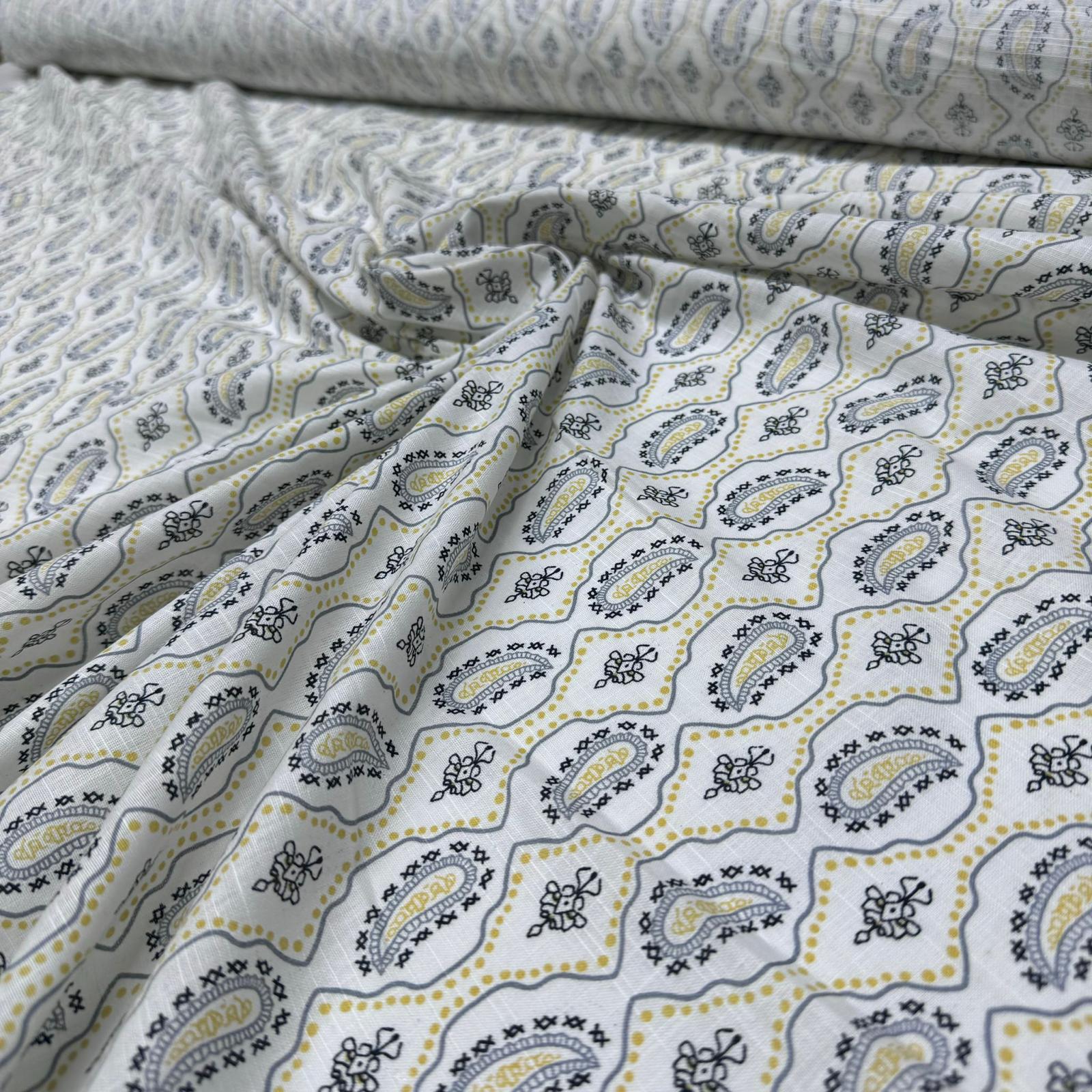 Flam Keten Kumaş %100 Pamuk Geometrik Etnik Desenli Sarı Renk