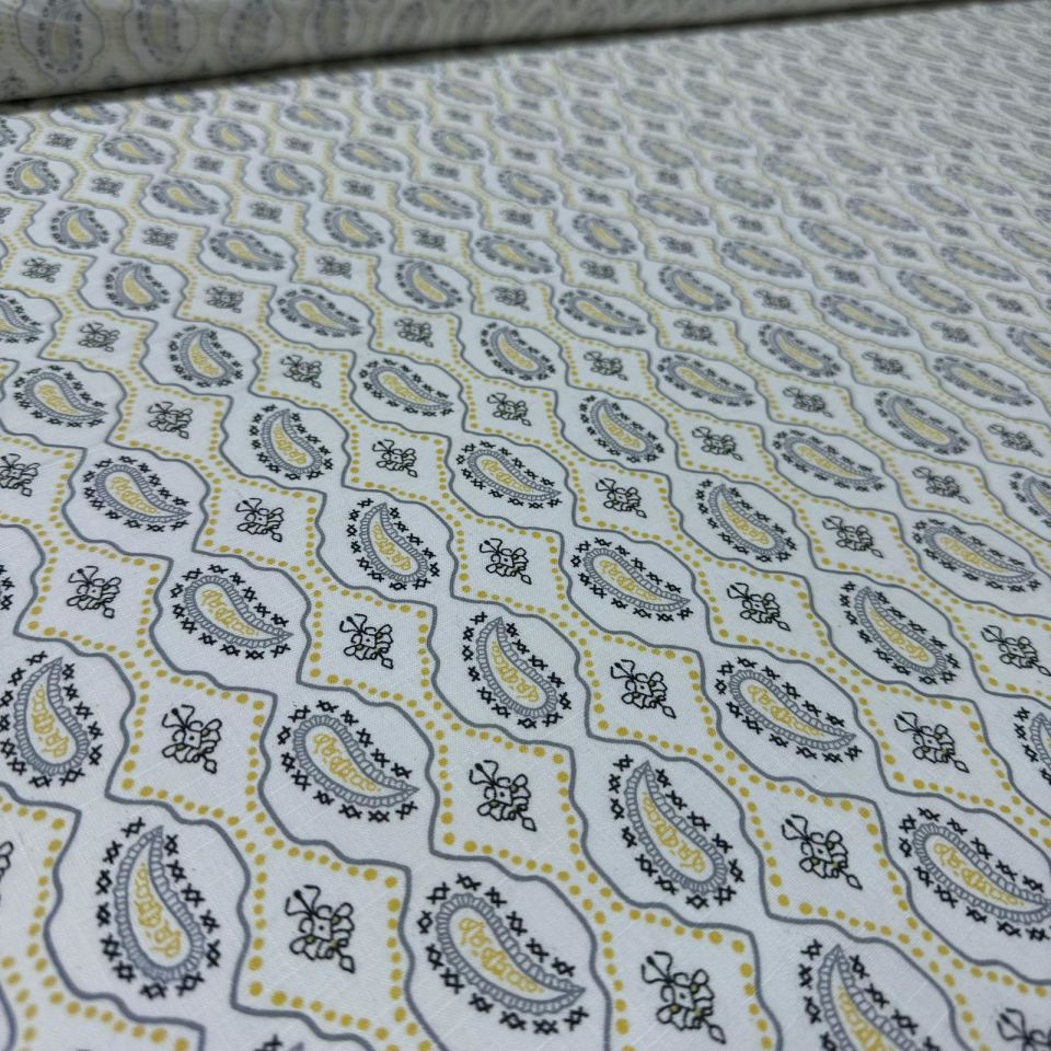 Flam Keten Kumaş %100 Pamuk Geometrik Etnik Desenli Sarı Renk