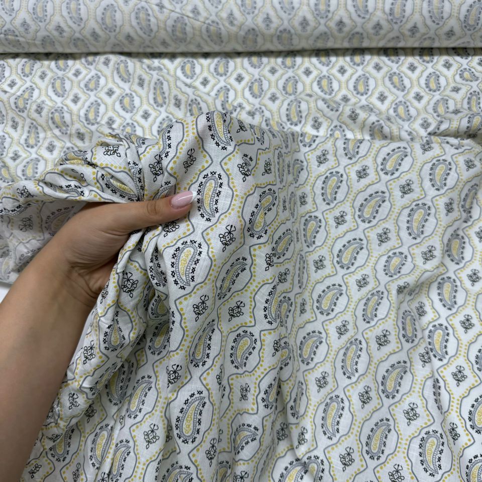 Flam Keten Kumaş %100 Pamuk Geometrik Etnik Desenli Sarı Renk