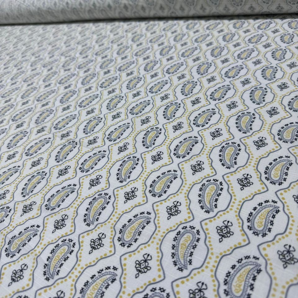 Flam Keten Kumaş %100 Pamuk Geometrik Etnik Desenli Sarı Renk