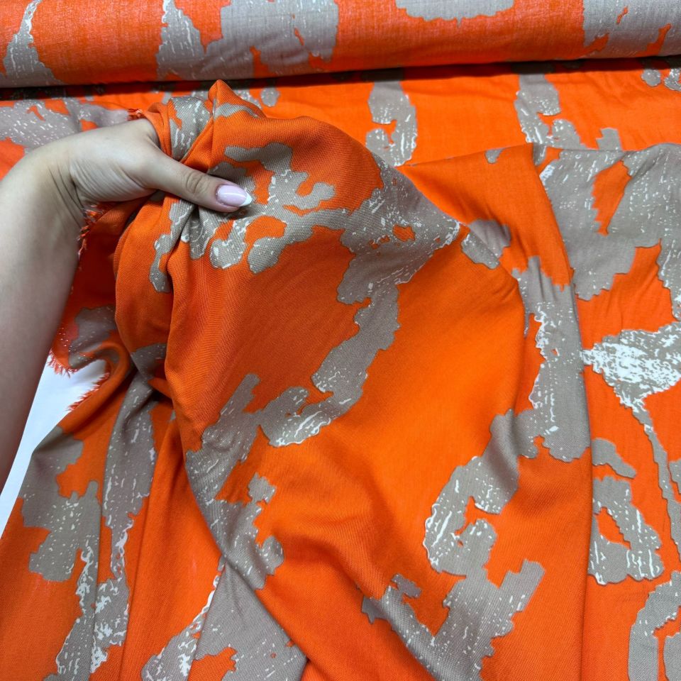 İthal Viskon Kumaş %100 Pamuk Turuncu Renk Desenli