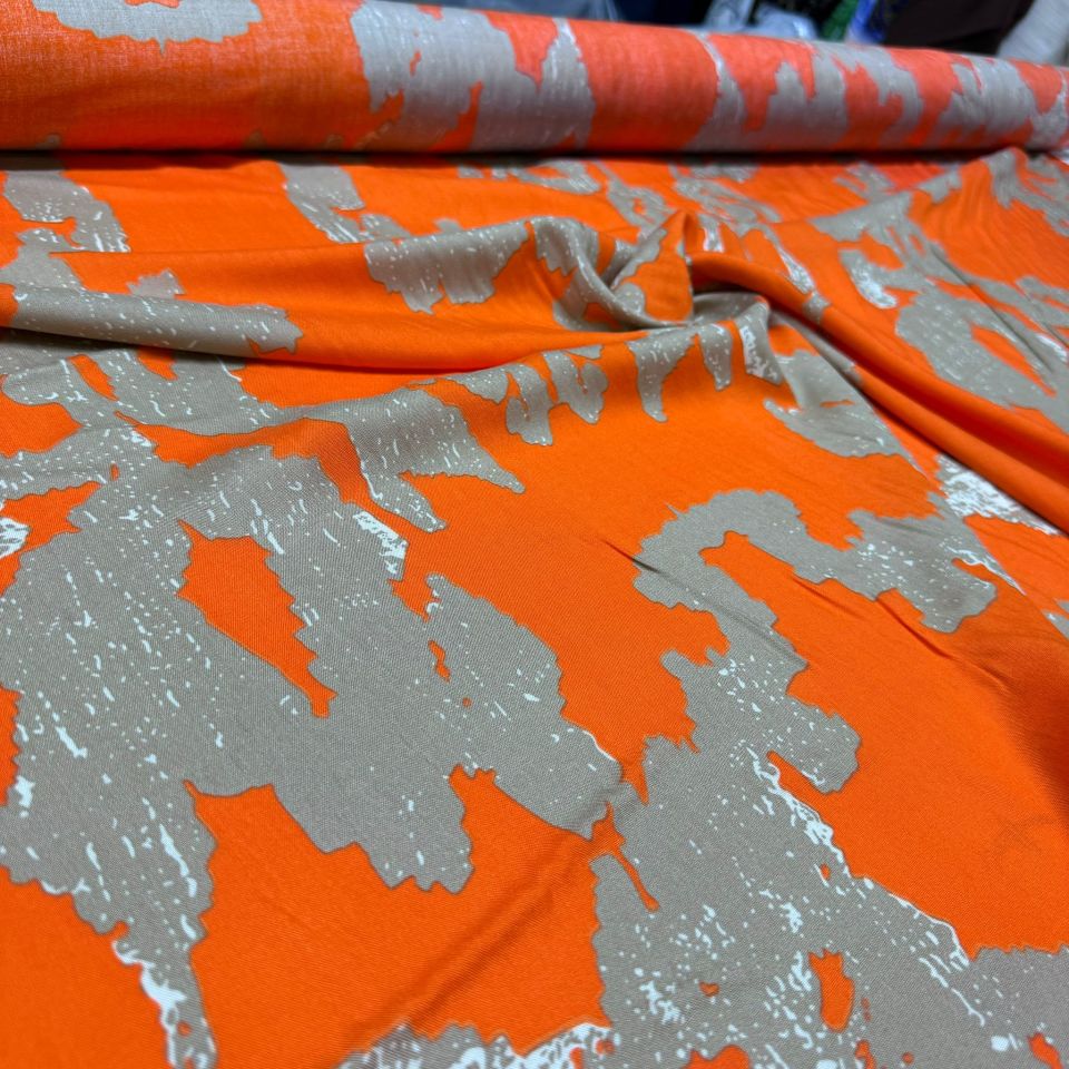 İthal Viskon Kumaş %100 Pamuk Turuncu Renk Desenli