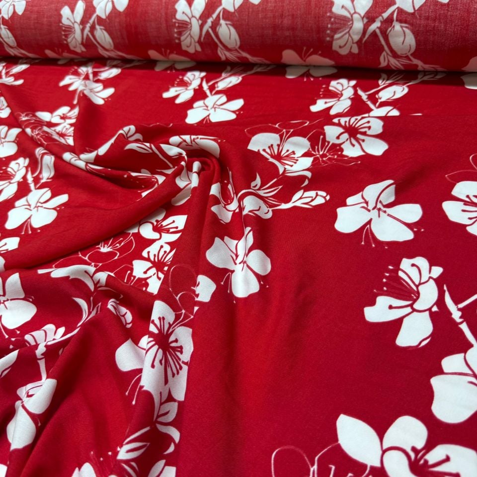 İthal Viskon Kumaş %100 Pamuk Kırmızı Çiçek Desenli