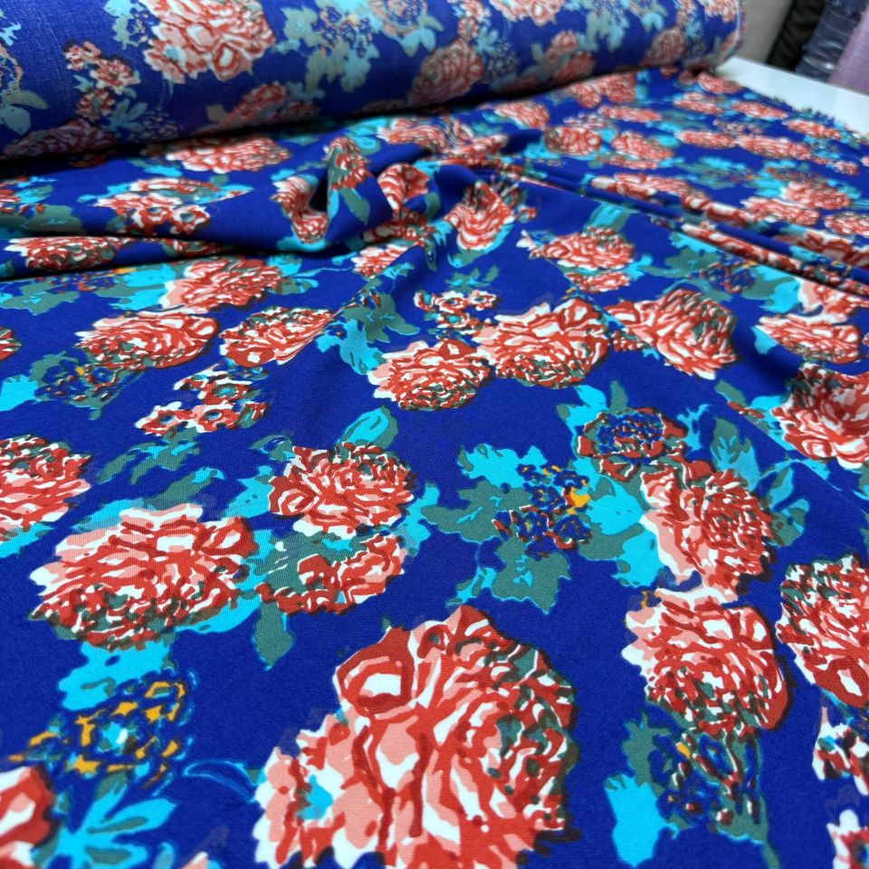 İthal Viskon Kumaş %100 Pamuk Lacivert Büyük Gül Desenli