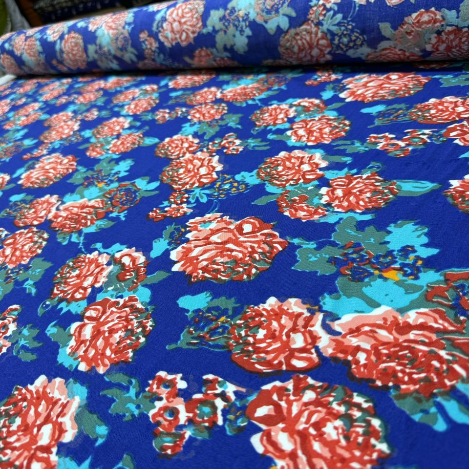 İthal Viskon Kumaş %100 Pamuk Lacivert Büyük Gül Desenli